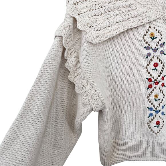 Zara Cream Floral Embroidered Eyelet Collar Frill Sleeve Cardigan Sweater Size S - Picture 5 of 9